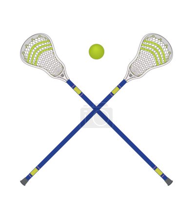Lacrosse, Paar gekreuzte Lacrosse Sticks und Ball in der Mitte isoliert auf weißem Hintergrund