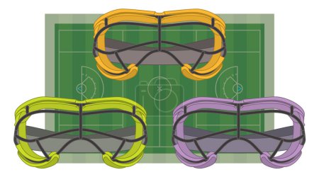 Ilustración de Lacrosse, conjunto de tres protectores oculares para la protección de las mujeres, con campo de juego en el fondo - Imagen libre de derechos