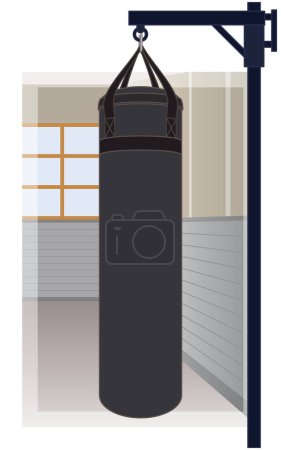 Ilustración de Kickboxing, saco de boxeo colgado en un poste con un gimnasio en el fondo - Imagen libre de derechos
