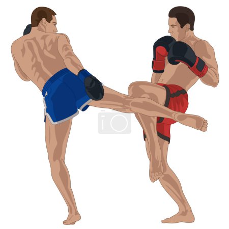 Kickboxen, Kampf zwischen zwei männlichen Boxern auf weißem Hintergrund