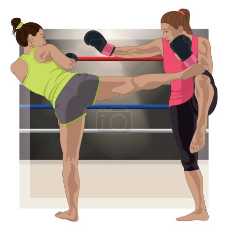 Illustration for Kickboxing, match between two female boxers in a boxing ring in the background - Royalty Free Image