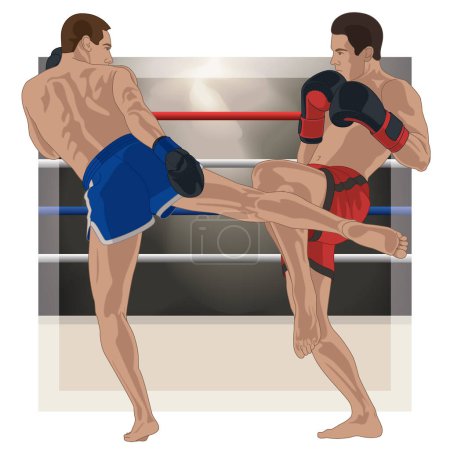 Illustration for Kickboxing, match between two male boxers in a boxing ring in the background - Royalty Free Image