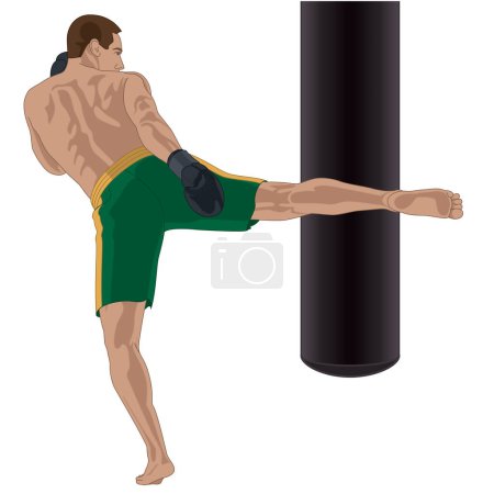 kickboxing, boxeador masculino pateando un saco de boxeo aislado sobre un fondo blanco