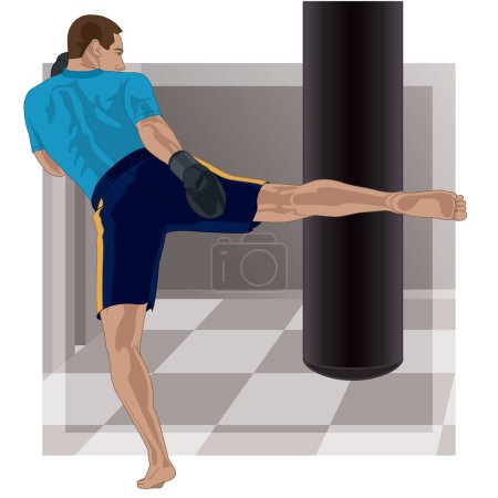 Téléchargez les illustrations : Kickboxing, boxeur masculin donnant un coup de pied dans un sac de boxe dans un fond de gymnase - en licence libre de droit