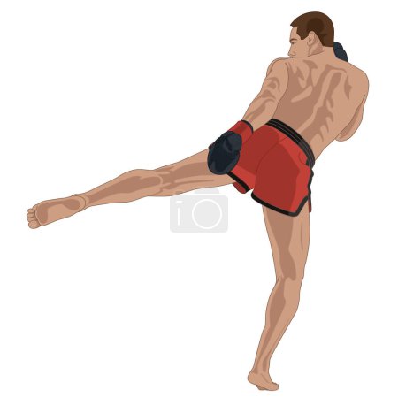 Ilustración de Kickboxing, boxeador masculino en golpear una pose de patada aislada sobre un fondo blanco - Imagen libre de derechos
