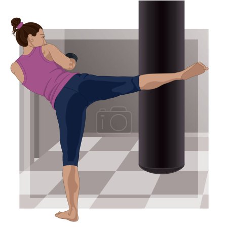 Illustration for Kickboxing, female boxer kicking a punching bag in a gym background - Royalty Free Image