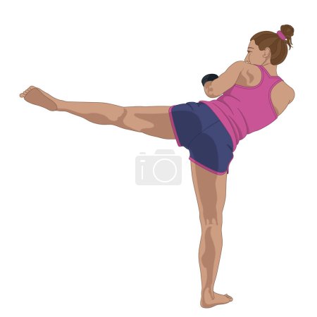 Ilustración de Kickboxing, boxeadora femenina en golpear una pose de patada aislada sobre un fondo blanco - Imagen libre de derechos