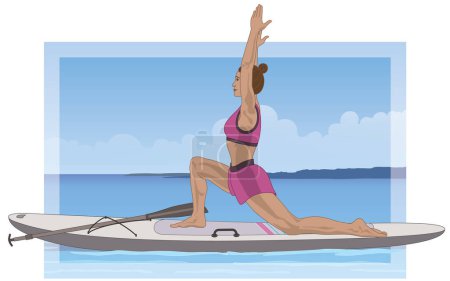 paddleboarding paddle boarding SUP, remo de pie femenino en una postura de yoga sobre aguas tranquilas con cielo azul en el fondo