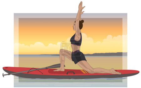 paddleboarding paddle boarding SUP, female standup paddler in a yoga posture on calm water with sunset sky in the background