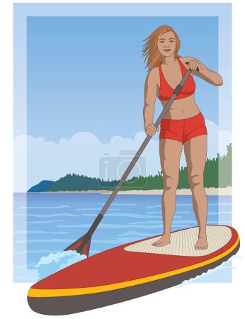 paddleboarding paddle boarding SUP, hembra stand up paddler, remando en aguas tranquilas con el cielo azul en el fondo