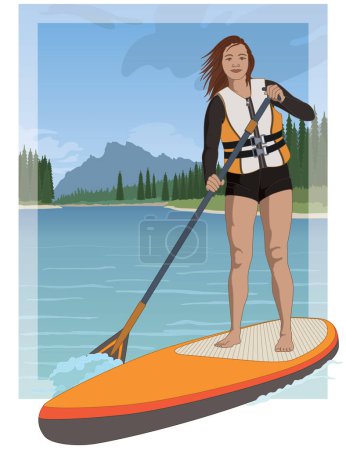 paddleboarding paddle boarding SUP, female standup paddler, wearing a life jacket, paddling on calm water with blue sky in the background