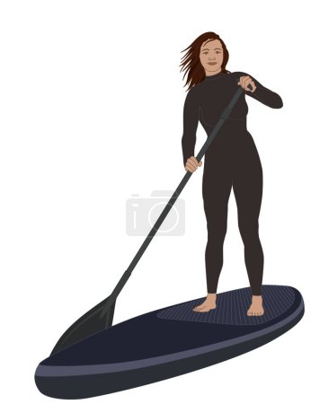 Paddleboarding Paddle Boarding SUP, Stehpaddlerin, trägt einen Neoprenanzug, paddelt isoliert auf weißem Hintergrund