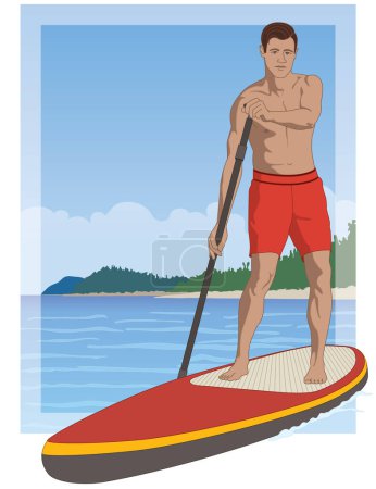 paddleboarding paddle boarding SUP, male standup paddler, paddling on calm water with blue sky in the background