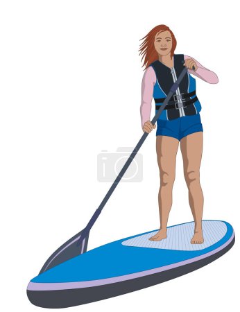 Ilustración de Paddleboarding paddle boarding SUP, remo de pie femenino, con chaleco salvavidas, remo aislado sobre un fondo blanco - Imagen libre de derechos