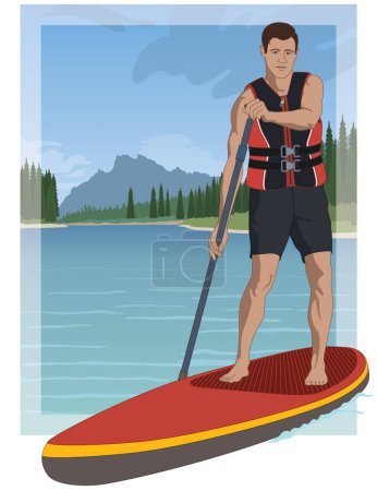 Ilustración de Paddleboarding paddle boarding SUP, remo de pie masculino, con chaleco salvavidas, remando en aguas tranquilas con cielo azul en el fondo - Imagen libre de derechos