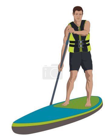 Ilustración de Paddleboarding paddle boarding SUP, remo de pie masculino, con chaleco salvavidas, remo aislado sobre un fondo blanco - Imagen libre de derechos