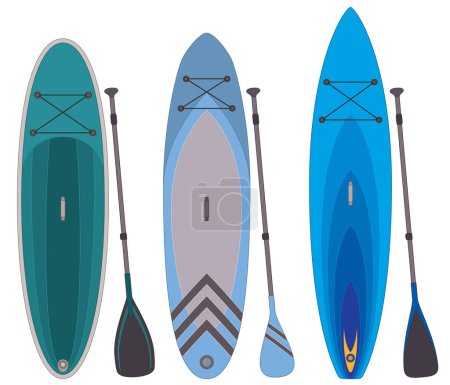 Paddleboarding Paddle Boarding SUP, Set aus 3 Boards und Paddeln in verschiedenen Stilen isoliert auf weißem Hintergrund