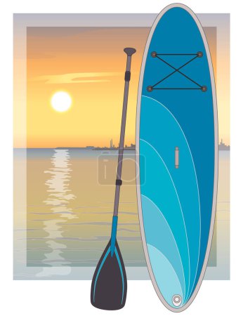 Paddleboarding Paddle Boarding SUP, Board und Paddel mit Sonnenuntergang im Hintergrund