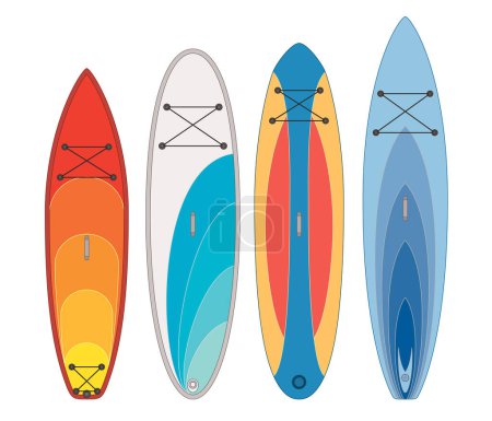 Paddleboarding Paddle Boarding SUP, Set aus 4 Boards und Paddeln in verschiedenen Stilen isoliert auf weißem Hintergrund