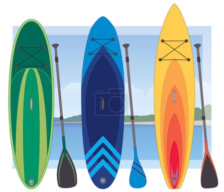 Paddleboarding Paddle Boarding SUP, Set aus 3 Boards und Paddeln in verschiedenen Stilen mit Himmel und Wasser im Hintergrund