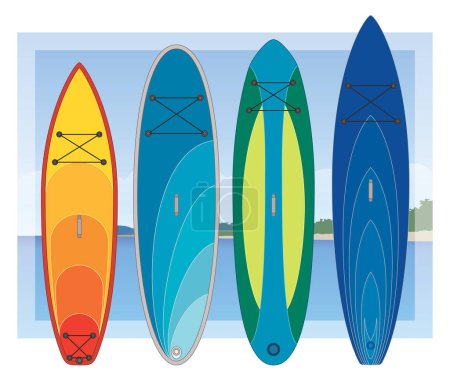 Paddleboarding Paddle Boarding SUP, Set aus 4 Boards und Paddeln in verschiedenen Stilen mit Himmel und Wasser im Hintergrund