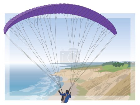 Gleitschirmsport, Segelflug mit einem lila Stoffflügel am Himmel mit Wasser und Strand unten im Hintergrund