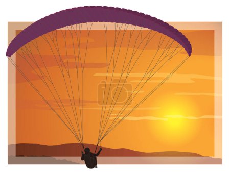 Gleitschirmsport, Gleitschirmfliegen mit einem Stoffflügel in einem Sonnenuntergang Himmel mit Bergen unten im Hintergrund