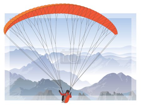 Téléchargez les illustrations : Parapente sport, planeur volant avec une aile en tissu rouge dans le ciel avec des montagnes en dessous en arrière-plan - en licence libre de droit