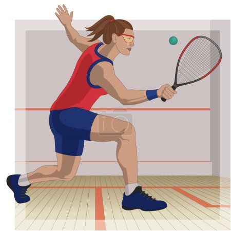 racquetball sport, jugadora femenina golpeando la pelota con cancha de racquetball en el fondo
