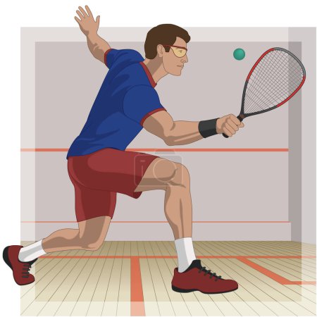 racquetball sport, male player striking the ball with racquetball court in the background