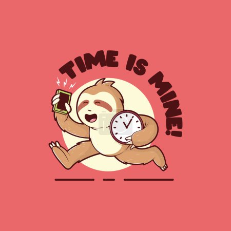 Illustration for Sloth character running with a clock vector illustration. Motivation, inspiration, time design concept. - Royalty Free Image