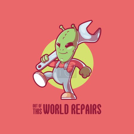 Illustration for A mechanic alien character holding a wrench vector illustration. Space, alien, work design concept. - Royalty Free Image