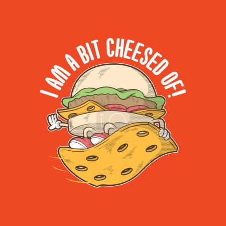 Téléchargez les illustrations : Burger character surfing a piece of cheese vector illustration. Funny, fast-food, sports design concept. - en licence libre de droit