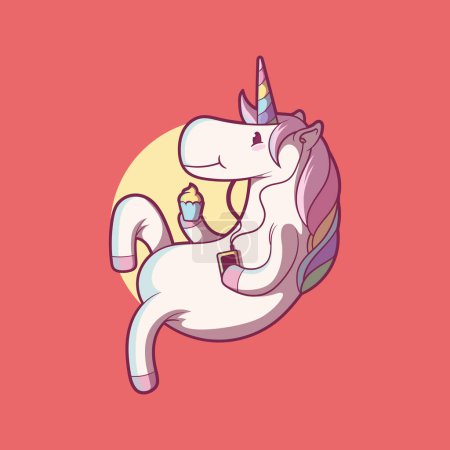 Téléchargez les illustrations : Unicorn character chilling eating a cupcake vector illustration. Animal, mythology, funny design concept. - en licence libre de droit