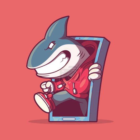 Attaque de requin sur une illustration vectorielle smartphone. Piratage, protection, conception technologique.
