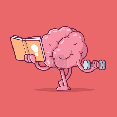 Brain Character exercising and reading a book vector illustration. Learning, sports design concept.
