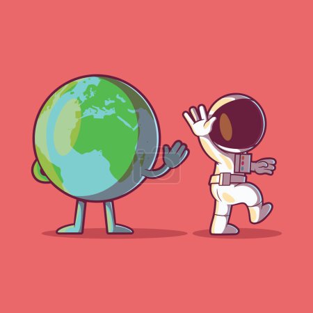 Ilustración de Personaje astronauta diciendo adiós a la ilustración vectorial de la tierra. Ecología, concepto de diseño de descubrimiento. - Imagen libre de derechos