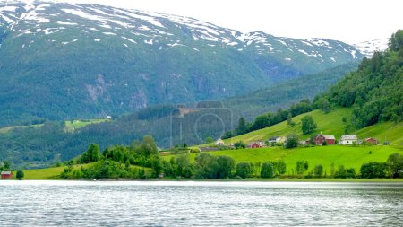 Traditional Norwegian village down the hill of fjord surrounded by green forest on mountains covered with snow
