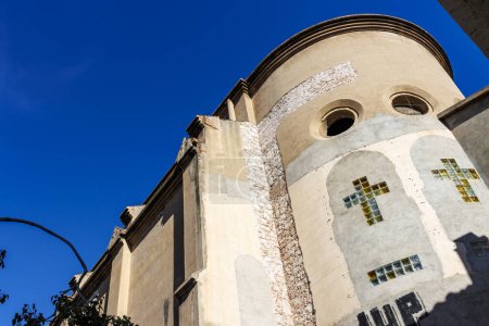 Ruined Roman Catholic church with crosses in El Raval, Barcelona, Catalonia, Spain, Europe