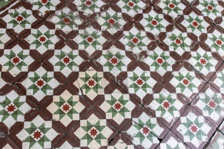 Pavement with old decorated ceramic tiles in the historical center of George Town, Penang, Malaysia, Asia