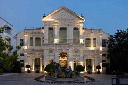 Facade of an old white mansion in the historic district of George Town, Penang, Malaysia, Asia