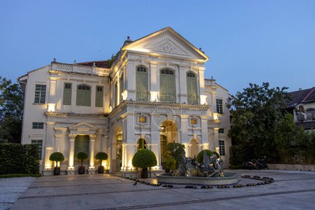 Facade of an old white mansion in the historic district of George Town, Penang, Malaysia, Asia