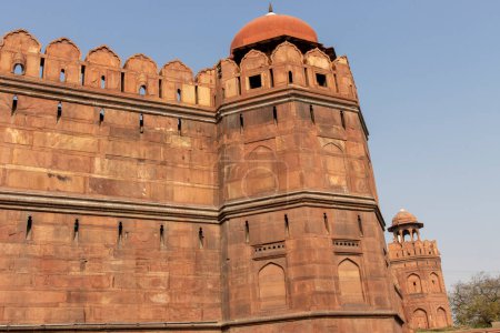 Exterior wall of Lal Qila the Red Fort in Old Delhi, India, Asia