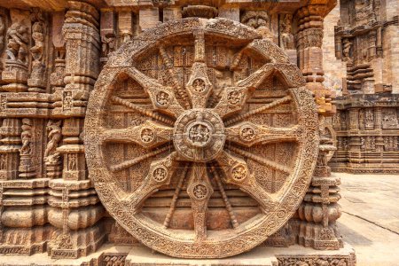 Big stone wheel of the Sun temple in Konark, Odisha, India, Asia