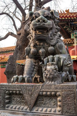 Big stone lion statue at the Lama Temple in Beijing, China, Asia