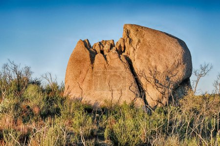 Foto de Un enorme. roca que se asemeja a un huevo agrietado yace en el suelo en el desierto de Baja California cerca de Tecate. - Imagen libre de derechos