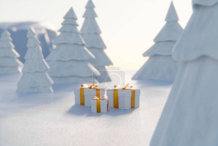 Gifts on the snow and the background of Christmas trees. The concept of holidays and buying gifts. Christmas. 3D render, 3D illustration.