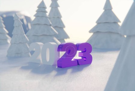 Foto de La inscripción 2023 sobre el fondo de los árboles de invierno y Navidad con nieve. El concepto del nuevo año, dando la bienvenida al nuevo año 2023, Nochevieja. Renderizado 3D, ilustración 3D. - Imagen libre de derechos