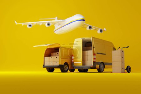 Two commercial delivery yellow vans with cardboard boxes with airplane over them on yellow background. Delivery order service company transportation box with vans truck. 3d rendering, 3d illustration.