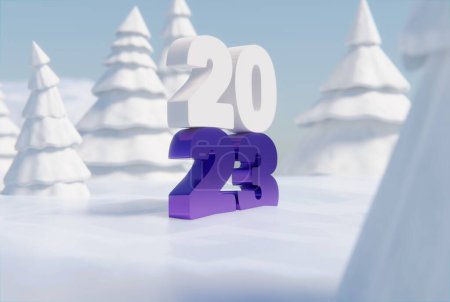 Foto de La inscripción 2023 sobre el fondo de los árboles de invierno y Navidad con nieve. El concepto del nuevo año, dando la bienvenida al nuevo año 2023, Nochevieja. Renderizado 3D, ilustración 3D. - Imagen libre de derechos